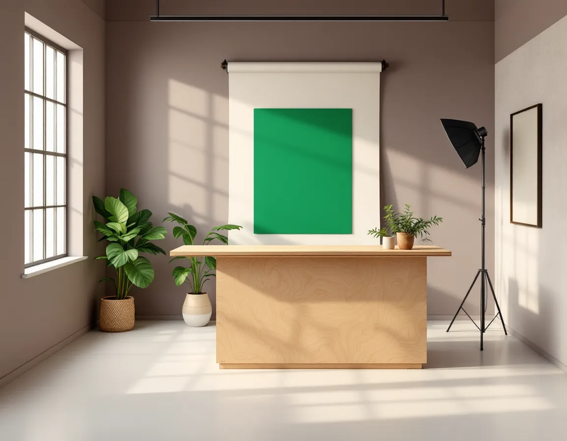 The reception corner of the Fennwick Yard studio, with a strobe and seamless sweep in the background